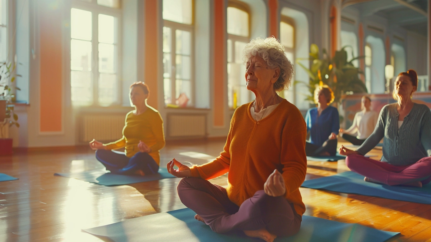 Група пенсіонерів практикує йогу в світлому залі